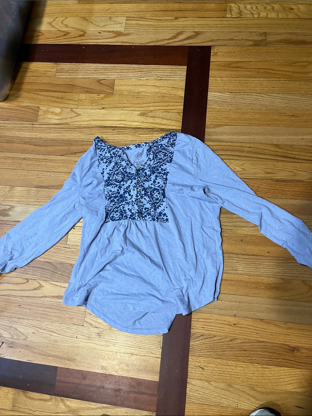 Light Blue Long-Sleeve Women's Top with Navy Embroidered Yoke